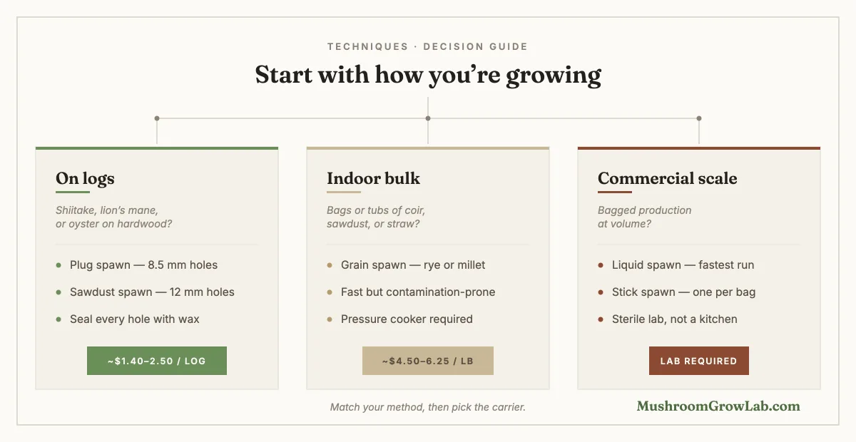 Decision guide matching growing method to spawn carrier: logs take plug or sawdust spawn at roughly $1.40 to $2.50 per log, indoor bulk takes grain spawn at roughly $4.50 to $6.25 per pound, and commercial bagged production uses liquid or stick spawn requiring a sterile lab.